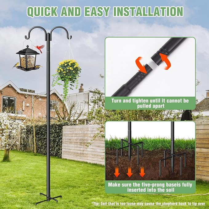 Double Shepherds Hooks for Outdoor, Heavy Duty Bird Feeder Pole with 5-Prong Base - Rust-Proof, Adjustable Bird Feeder Hanger for Garden, Wedding Decor & Hanging Plants