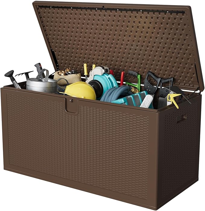 150 Gallon Heavy Duty Outdoor Storage Box Waterproof Resin Deck Box, Lockable Lid, Large Patio Storage Cabinet for Cushions, Tools & Gear, Weatherproof Bench for Garden, Backyard & Porch