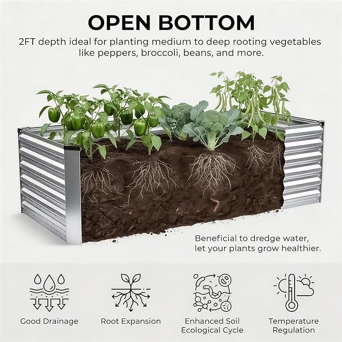 STBoo 6x3x2FT Galvanized Raised Garden Bed, Outdoor Metal Raised Planter Box for Vegetables, Elevated Rust-Resistant Rectangle Gardening Container Kit with Reinforced Panels for Backyard,Patio(Silver)