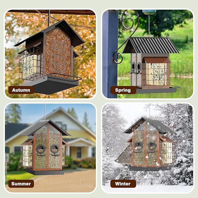 FlowaFoli Bird Feeders for Outdoors, Metal Bird Feeder with Double Suet Cage Weatherproof Metal Roof, 2 in 1 Mixed Seeds Suet Feeder, 4Lbs Large Capacity, Great for Finch、Cardinal、Chickadee（Brown）