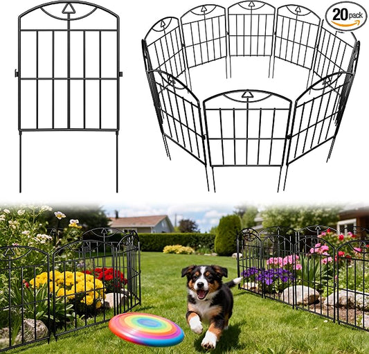 20 Panels Outdoor Decorative Garden Fence, 21 （ft） L x 24 (in) H, Black Rustproof Metal Wire Panel Barrier Fence, Animal Barrier Fence, for Landscaping and Yard Decoration