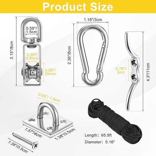 2 Sets M25 Cable Pulley System for Lifting Hanging, Including Heavy Duty Stainless Steel Single Pulley Block with 66FT Nylon Rope, Snap Hooks, Eye Pad Plate, Rope Cleat Hook, Loading 330lb