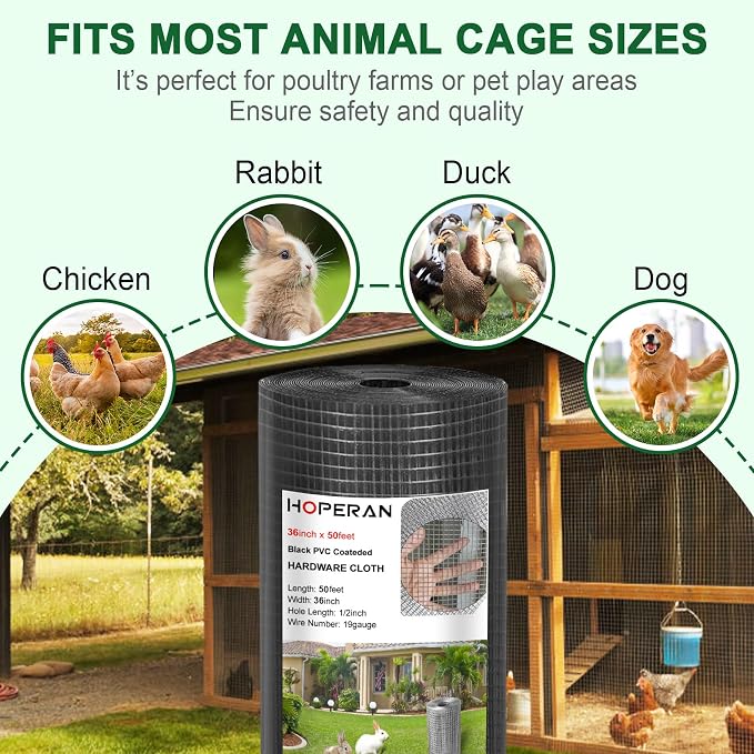 HOPERAN Black Hardware Cloth 1/2 inch 36 inch x 50 Foot 19 Gauge - Vinyl Coated Welded Chicken Wire Fencing Mesh, PVC Wire Fence Roll for Garden Fence, Gopher Wire and Poultry Netting Cage