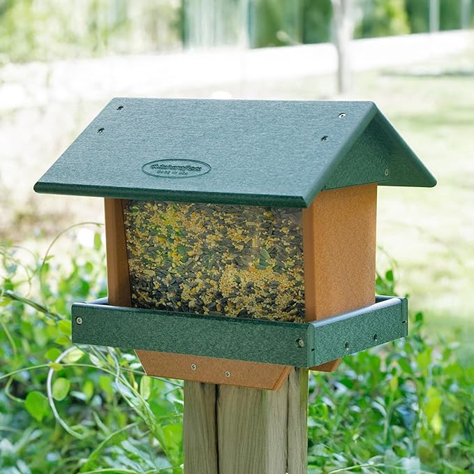 DutchCrafters Poly Large Hopper Bird Feeder Post Mount for 4" x 4", Wild Songbird Bird Seed Feeder for Outdoor, Outside, Garden, Yard - Amish Made in USA (Post Mount, Turf Green & Cedar)