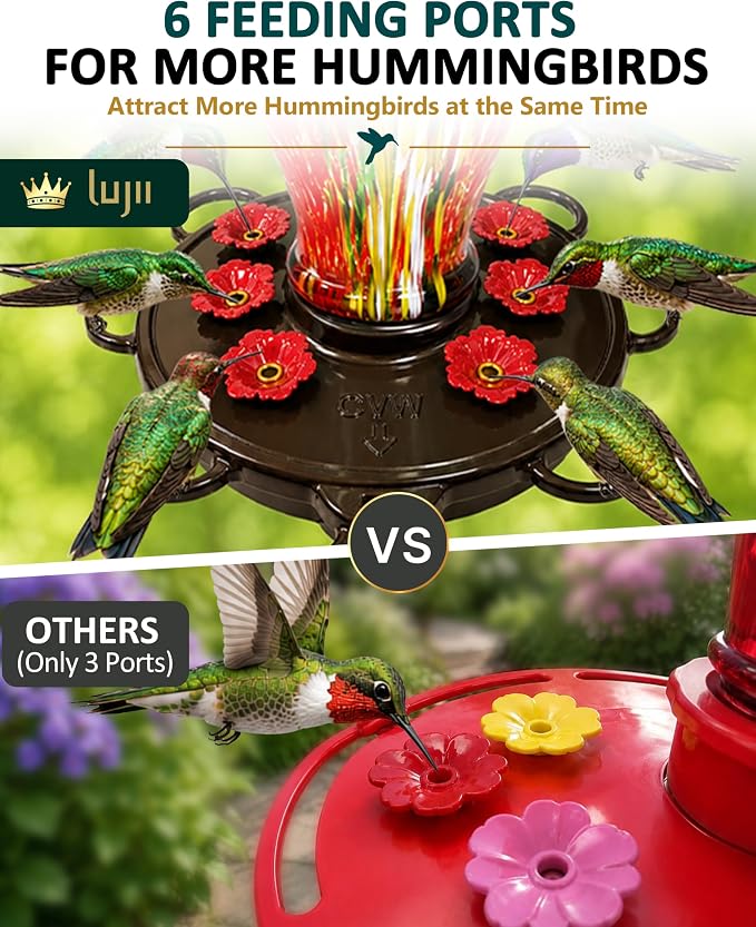 LUJII Smart Hummingbird Feeder with Camera, Hand Blown Glass for Outdoor Hanging, Solar WiFi Feeder with Live View App, 6 Feeding Ports, Leak-Resistant Design, Ant Moat & Gift Box, 32 fl oz, Red