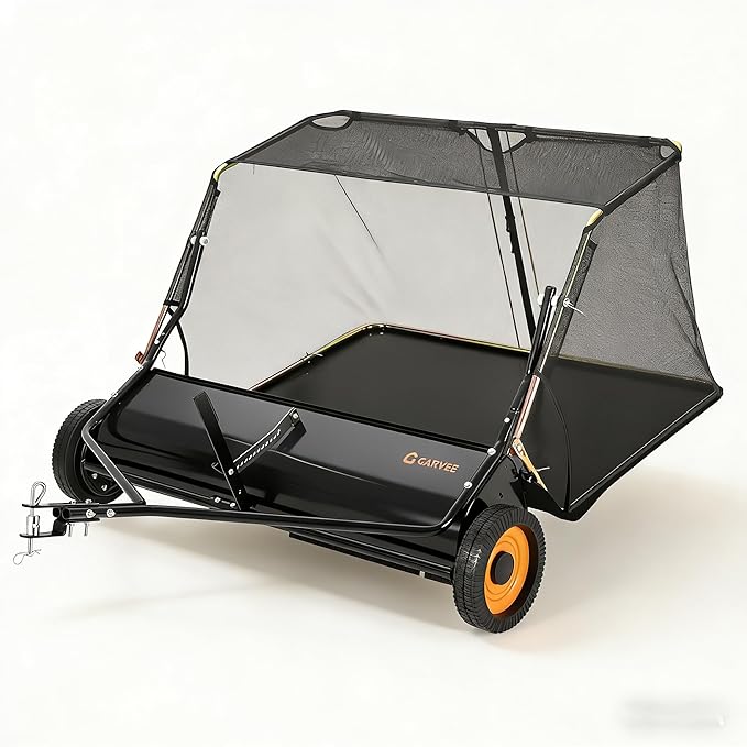 GarveeTech 44 Inch Lawn Sweeper Tow Behind, 26 cu. ft Large Hopper Grass Sweeper Tow Behind, Heavy Duty Leaf & Grass Collector, Adjustable Brush Height Lever and Dumping Rope, Pull Behind Sweeper Yard