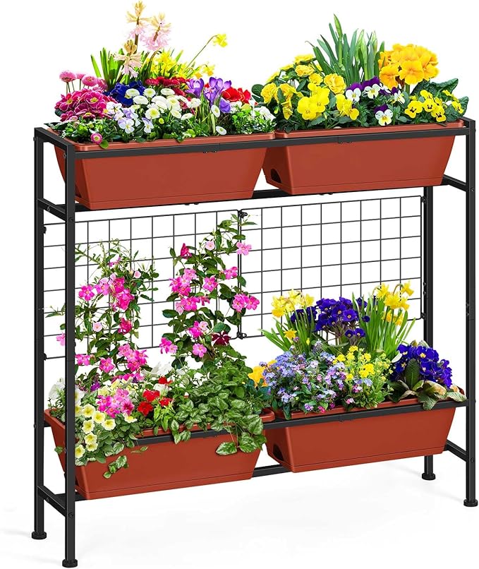 OYEAL Raised Garden Beds with Legs & Trellis, 32" Tall Herb Garden Planters for Indoor/Outdoor Plants, Vertical Elevated Flower Box for Backyard, Porch, Patio, Balcony, Red