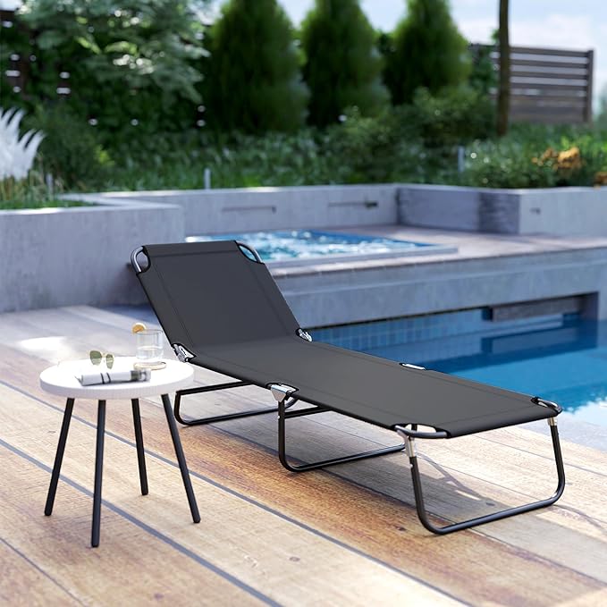 Outsunny Folding Chaise Lounge Pool Chairs, Outdoor Sun Tanning Chairs with 5-Level Reclining Back, Steel Frame for Beach, Yard, Patio, Black