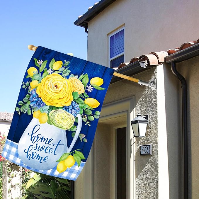 Texupday Home Sweet Home Blue and Yellow Flower Lemon Decoration Spring Summer Floral House Flag Buffalo Check Plaid Seasonal Holiday Outdoor Yard Banner 28" x 40"