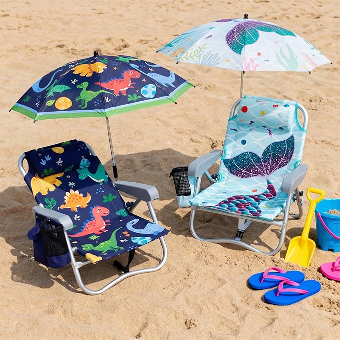 Yalikop Kids Beach Chair with 4 Positions Seaside Beach Chair with Umbrella Kids Folding Camping Seating for Boy Girls Children Sand Camping Travel Outdoor Summer Supply(Mermaid Theme)