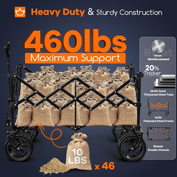 Originsure 220L Collapsible Wagon Cart Foldable, 460lbs Load Capacity Heavy Duty Folding Beach Wagons with Big All-Terrain Wheels, Utility Carts for Groceries, Shopping, Camping, Sports - Grey&Black