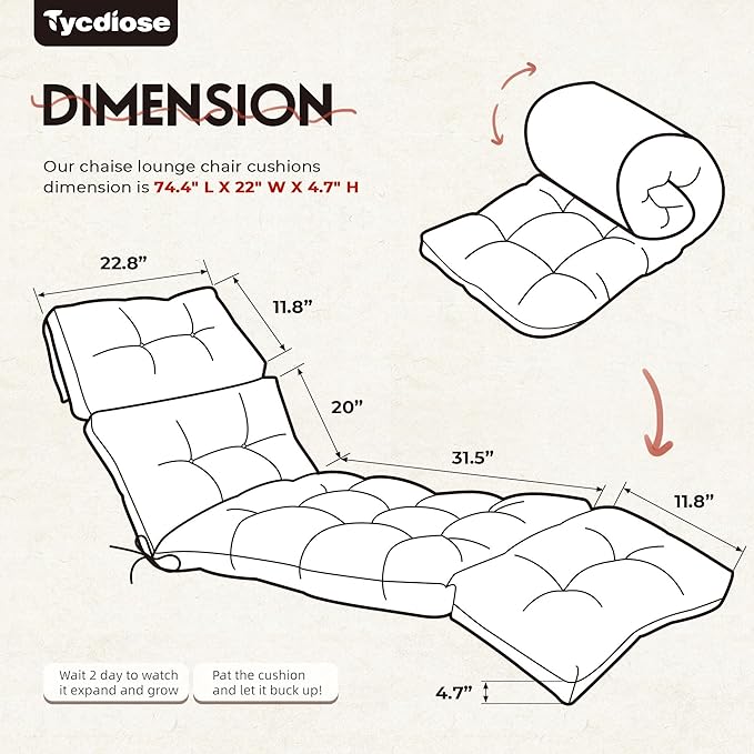 Outdoor Chaise Lounge Chair Cushion Replacement 74.4 x 22 x 4.7 Inches Memory Foam Waterproof Lounge Chair Cushions for Outdoor Furniture with Ties, Thickened Pool Lounge Chair Cushions, Red