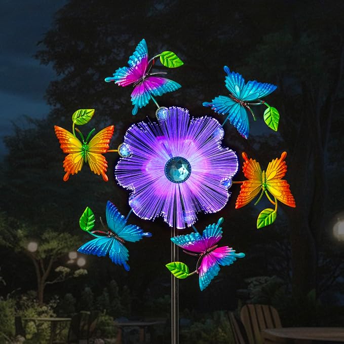 44" Butterfly Wind Spinners Garden Whirligigs, Solar Flower Butterfly Wind Sculpture Yard Art Decorations for Lawn, Patio & Yard & Garden Decor, Metal Wind Spinners Outdoor Decor