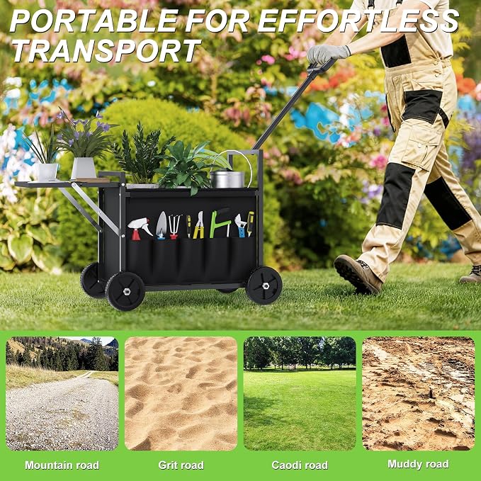 Garden Seat with Wheels, Garden Cart with Seat, 400 lbs Garden Rolling Utility Cart with Foldable Side Trays, for Gardening, Patio, Backyard, Gardening Gifts for Fathers Day