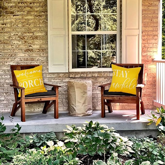 TAJWE Yellow Outdoor Pillow Covers Waterproof 18x18 Set of 2 Welcome to Our Porch Stay Awhile Cushion Cases for Patio Furniture Sofa Couch Decor