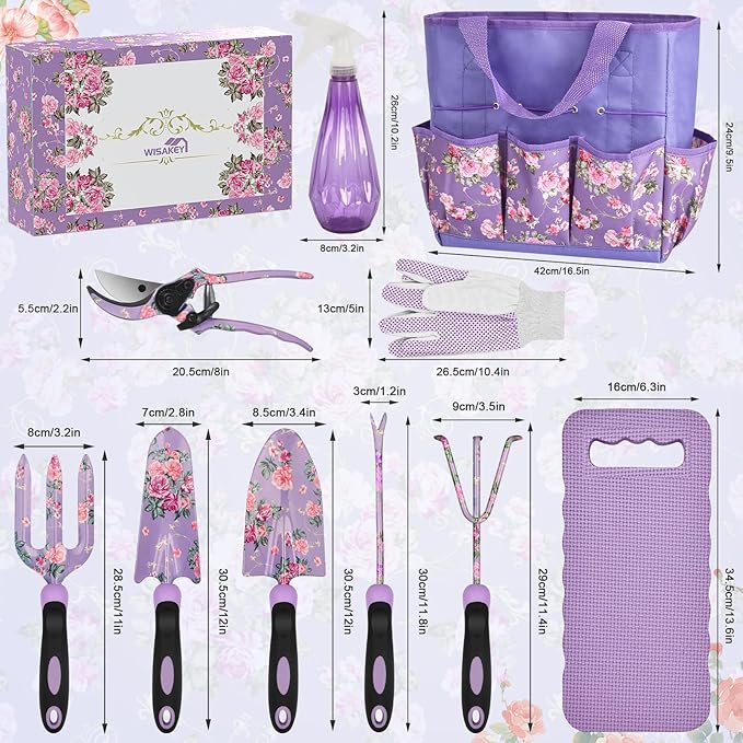 Gardening Tools, WisaKey 10 Piece Heavy Duty Purple Garden Tool Set Durable Garden Supplies Organizer Bag Garden Hand Tools Grandmother Granny for Woman