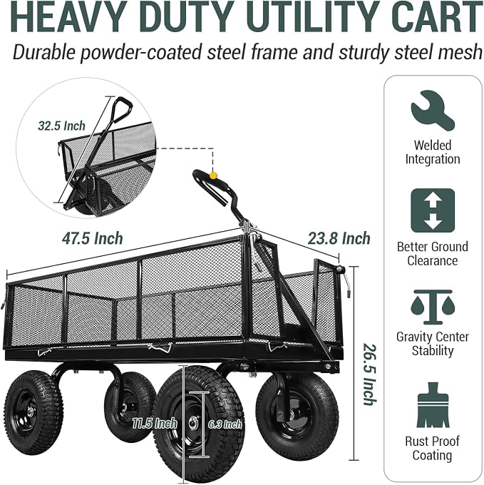 Taifa Heavy Duty Steel 1100 Lb Wagon Garden Carts with Removable Side Panels Turn Into Flatbed, All Terrain Utility Cart with 11.5" Tire, 180° Rotating Handle for Outdoor, Garden, Farm, Yard, Black