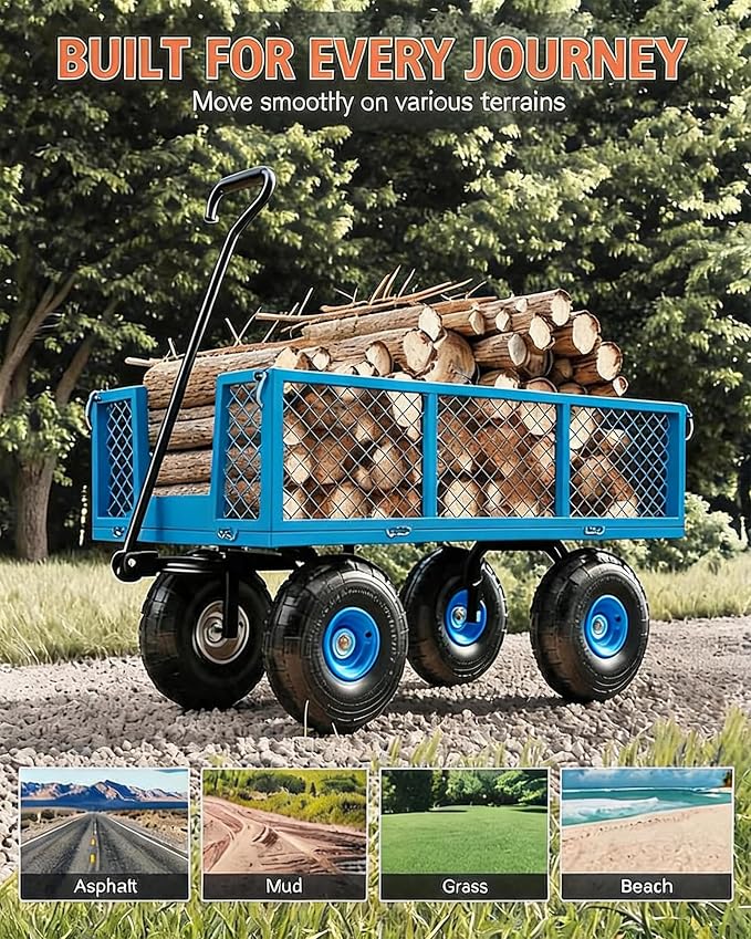 Garvee Steel Garden Cart, 500 LBS Capacity Utility Outdoor Wagon, Heavy Duty Mesh Garden Metal Wagon with Removable Sides, Flexible Handle and 10" Tires for Yard, Lawn, Garden