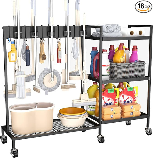 GIOTORENT Metal Cleaning Cart with Wheels - Rolling Broom Holder & Supplies Organizer, 10 Adjustable Clips, 5 Double-Hooks, 3-Tier Shelves, Brakes for Home, Commercial, Black