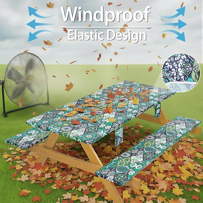 Fitted Waterproof Picnic Table Cover with Bench Covers Elastic 96×30In 3 Piece Camping Table Cloth for 8Ft Rectangle Tables Outdoor Camper Gifts Supplies Patio Rv Traveling Hiking Must Haves