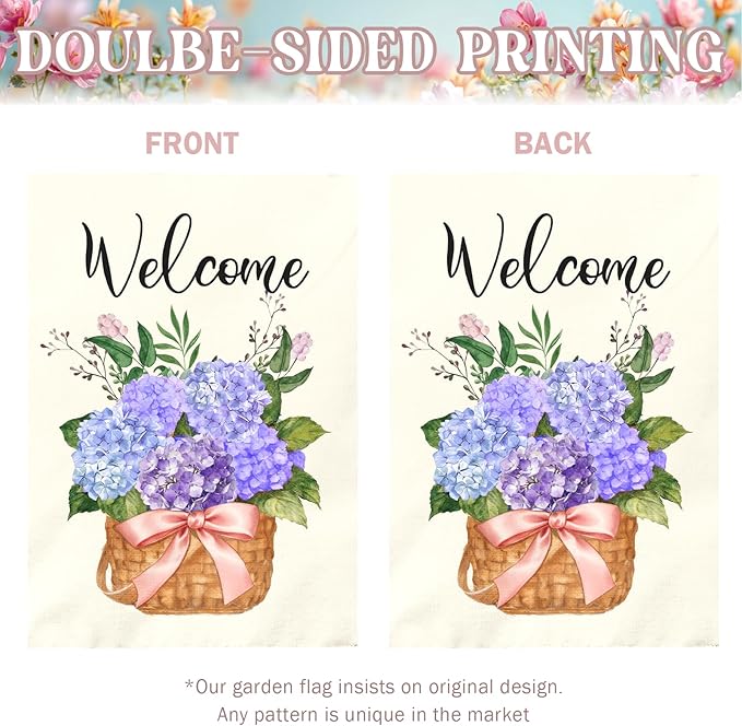 Hydrangea Welcome Garden Flag Large 28x40 Inch Spring Summer Watercolor Floral Outdoor House Banners Blue Purple Hydrangeas Basket Flowers Porch Yard Flags for Outside Seasonal Home Decor