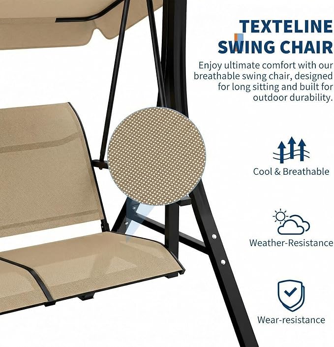 GarveeLife 3-Seat Patio Swing Chair, Outdoor Porch Hanging Chairs with Adjustable Canopy and Armrests, Breathable Textilene Fabric Seat & Backrest, Swing Bench for Garden, Poolside, Backyard, Beige