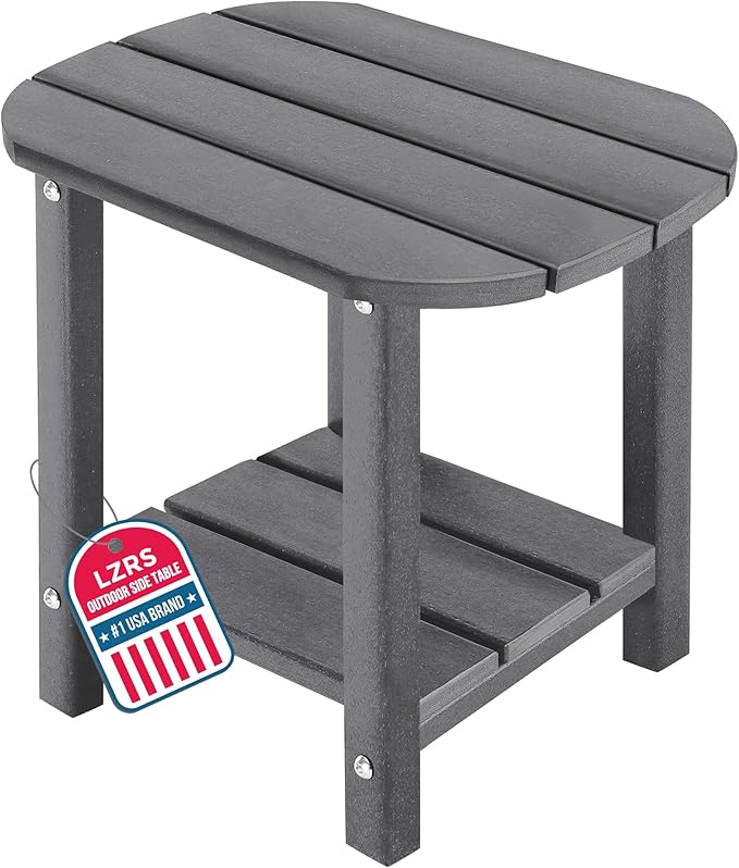 LZRS 2-Tier Patio Side Table, Heavy Duty HDPE Outdoor End Table with Wood Texture, Weatherproof Composite Table for Adirondack Chairs, Deck, Pool, Indoor/Outdoor, No Peeling Cracking(Grey)