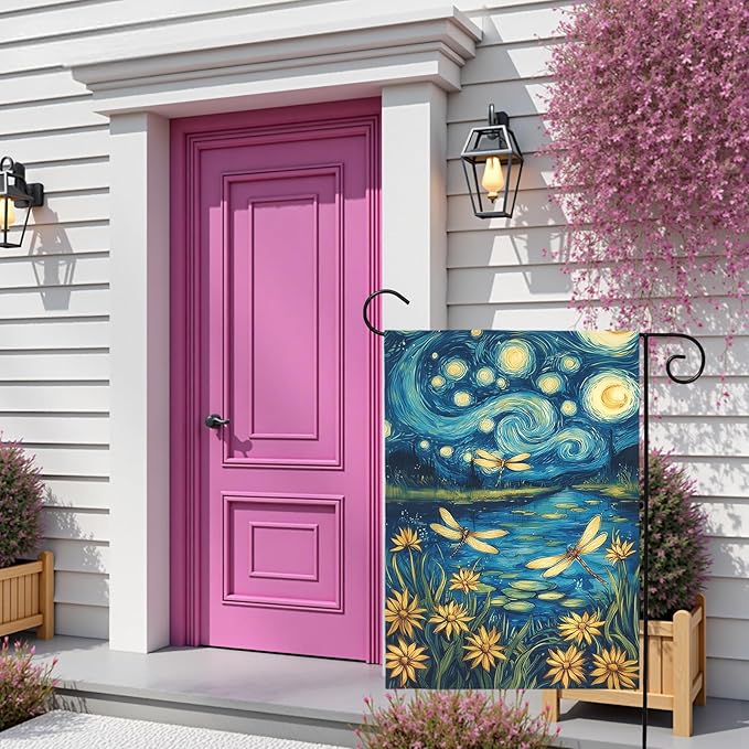 Spring Daisy Garden Flag Starry Night Style Floral Yard Flags with Dragonflies Summer Lake Landscape Artistic Impressionist Flower Banner Outdoor for Lawn Patio Porch Seasonal Home 12x18 Inch