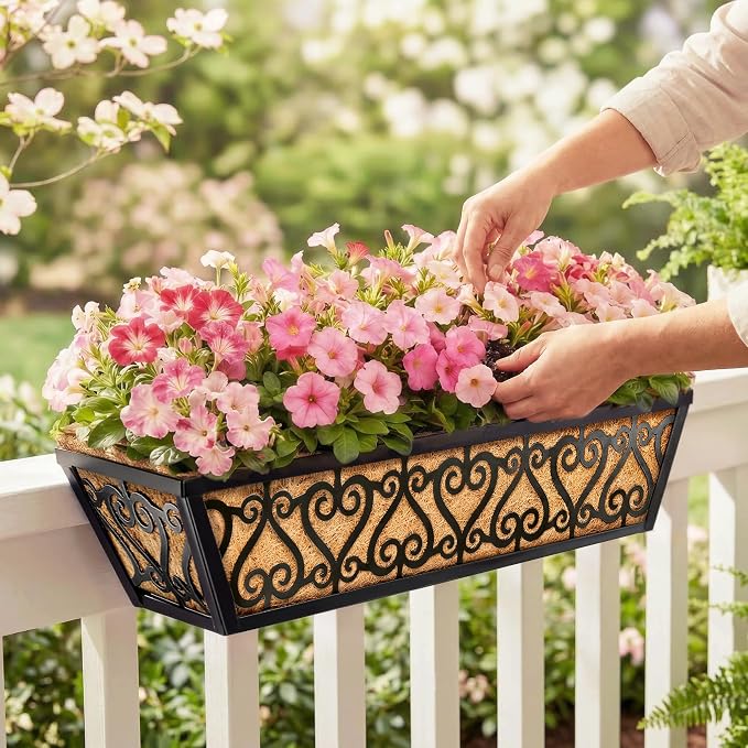 4 Pack 24 Inch Deck Railing Planter Box - Window Boxes Planters with Adjustable Brackets Coco Liners Balcony Planters Railing Hanging for Window Flower Boxes Outdoor Garden Decor