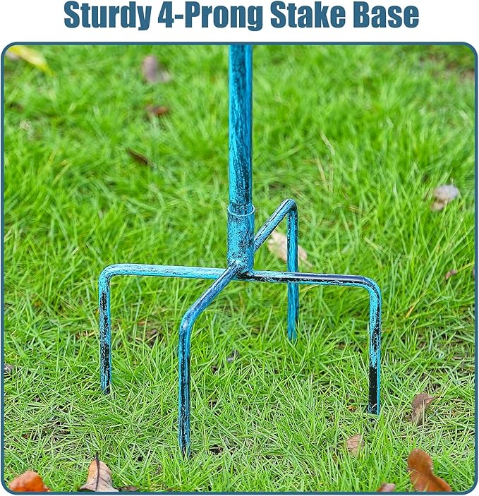 44" H Bird Bath and Feeder for Outdoors, 3 in 1 Free Standing Metal Birdbaths with Cast Iron Bird 4-Prong Stake Base for Outdoors Yard Garden Patio, Blue