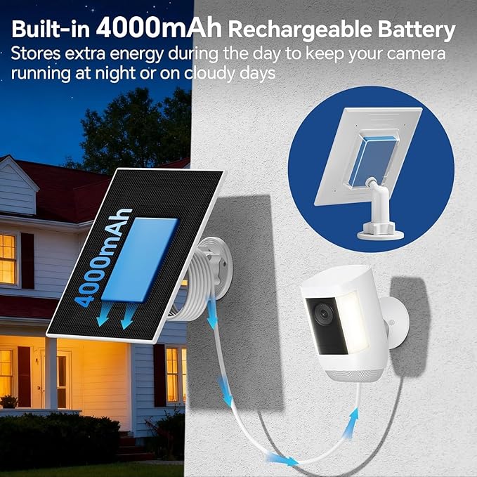 Solar Panel Built-in 4000mAh/Battery Compatible with Ring Camera Spotlight Cam Plus/Battery/Pro Stick Up Camera Pro All-new Stick Up Cam Battery with USB-C to Barrel Plug Adapter