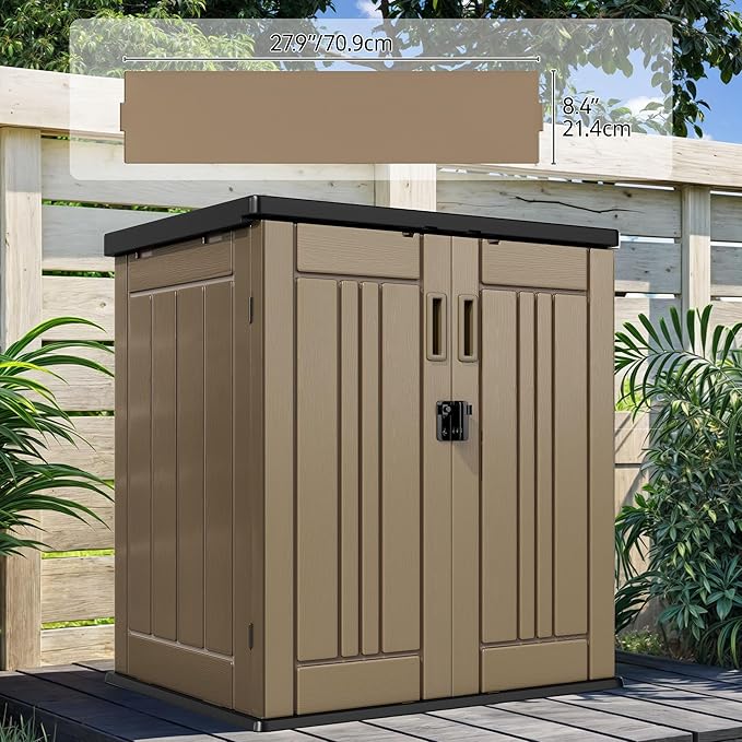 DWVO Outdoor Storage Cabinet with 2 Shelves, Waterproof Horizontal Plastic Storage Shed with Lockable Door, 15 cu. ft. Patio Tools Storage Box for Patio, Garden, Backyard, Deck, Brown