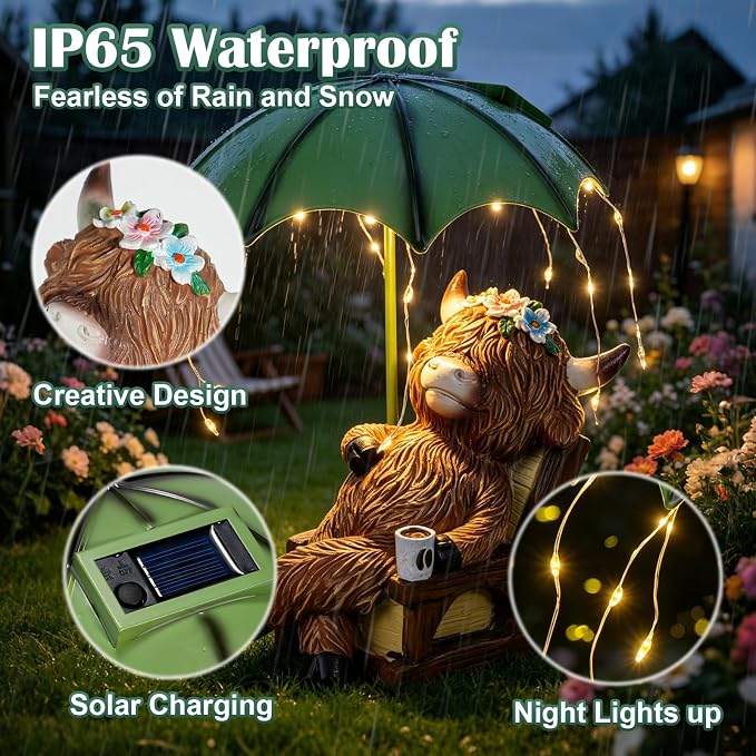 Pohabery Solar Highland Cow Garden Statue with Umbrella Lights - Resin Mother & Calf Outdoor Decor, Waterproof LED Yard Art for Patio, Lawn & Porch | Perfect Housewarming & Garden Gift
