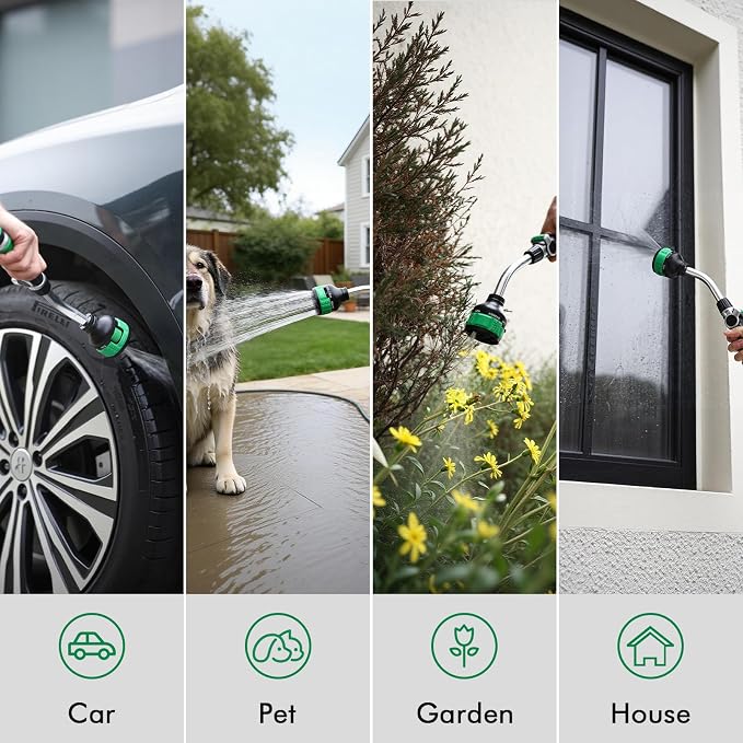 RESTMO 2-in-1 Watering Wand, Heavy Duty Metal Garden Hose Wand with 9 Spray Patterns, Multi-Function Hose Nozzle Sprayer with Thumb Flow Control, Ideal to Water Hanging Baskets and Shrubs, Green