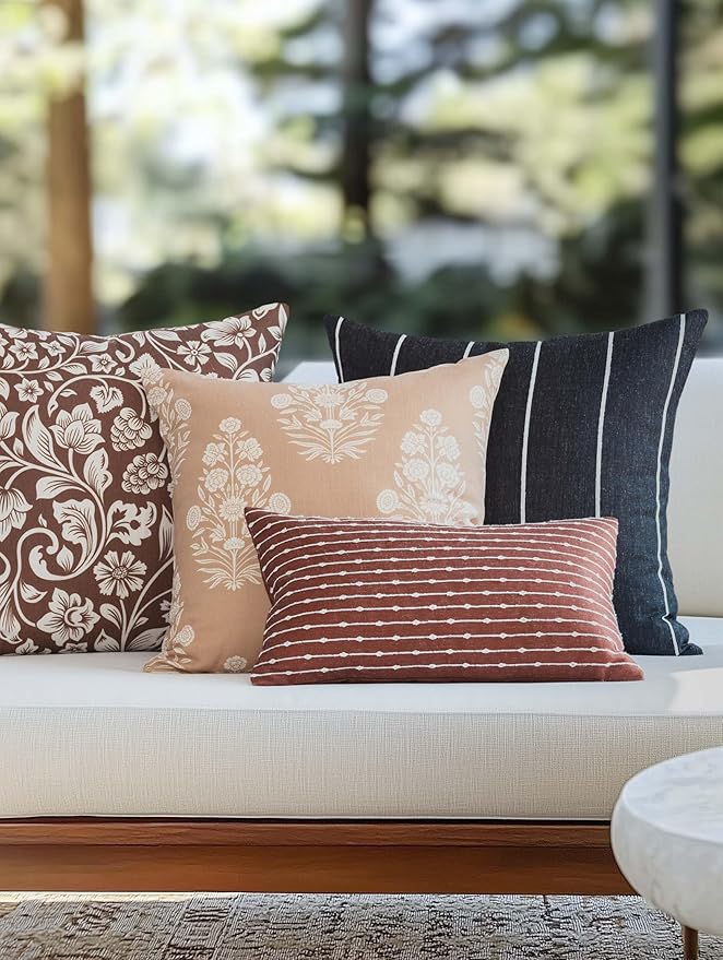 Crumbs Home Modern Farmhouse Fall Linen Indoor Outdoor Throw Pillow Cover Only, 20"x20" Water Repellent for Patio, Backyard, Couch, Ivory Cream Neutral Floral