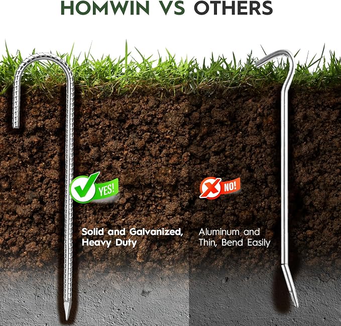 Homwin 12 inches Ground Stakes Heavy Duty 28 Pieces Metal Fence Rebar Stake 5/16" Diameter J Hook Ground Spikes, Tent Stakes, Swing Set and Gazebo Anchors