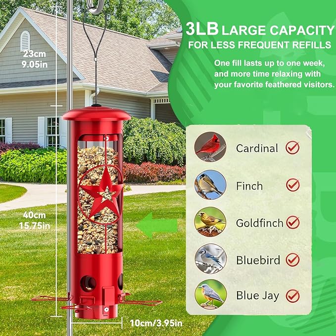 Squirrel Proof Bird Feeders for Outdoors with Weight-Activated, 3LB Large Metal Wild Bird Feeders for Cardinals,Blue Jay,Finch, Weatherproof Durable Tube Hanging Bird Feeder for Backyard,Garden,Patio