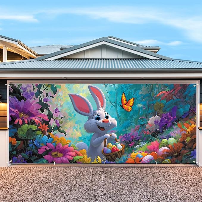 7 * 16FT Summer Garage Door Cover Decorations Sunset Palm Trees Garage Door Banner for Outdoor Indoor Summer Party Photography Backdrop (easter rabbit, 7 * 16 ft)
