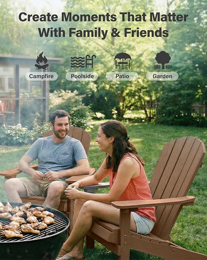 YEFU Adirondack Chairs Set of 6: Outdoor Chair HIPS Plastic Adirondack Chairs - Patio Chairs with Wood Texture - Lawn Fire Pit Deck Porch Garden Chairs for Adults (Teak)