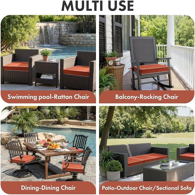 MIULEE Orange Outdoor Chair Cushions Set of 2, 24x24x4 Inch Waterproof Patio Seat Cushions for Outdoor Furniture Couch Sofa, 3 Year Color Fastness High Density Foam with Adjustable Ties