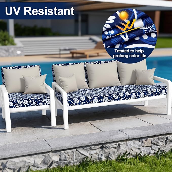 Smiry Waterproof Patio Cushion Covers, Stretch Outdoor Couch Slipcovers Replacement Washable Furniture Protector Sofa Chair Seat Cover for Dogs and Pets (14 Pcs, Navy)