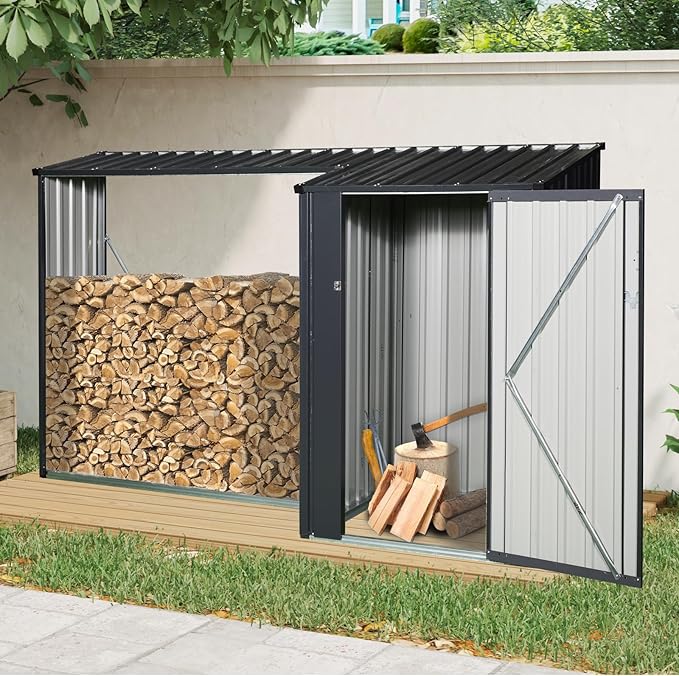 YOPTO 106.5" Outdoor Steel Firewood Rack Metal Storage Shed with Door and Reinforced Base,Multi-Functional 2 in 1 Waterproof Cabinet W/Roof,for Equipment Machines,Black