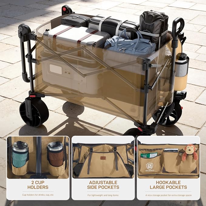 EVER ADVANCED Folding Push Wagon with Canopy, Portable Shopping Cart with Brakes, Collapsible Wagon Cart with All-Terrain Big Wheels for Camping, Beach, Sports