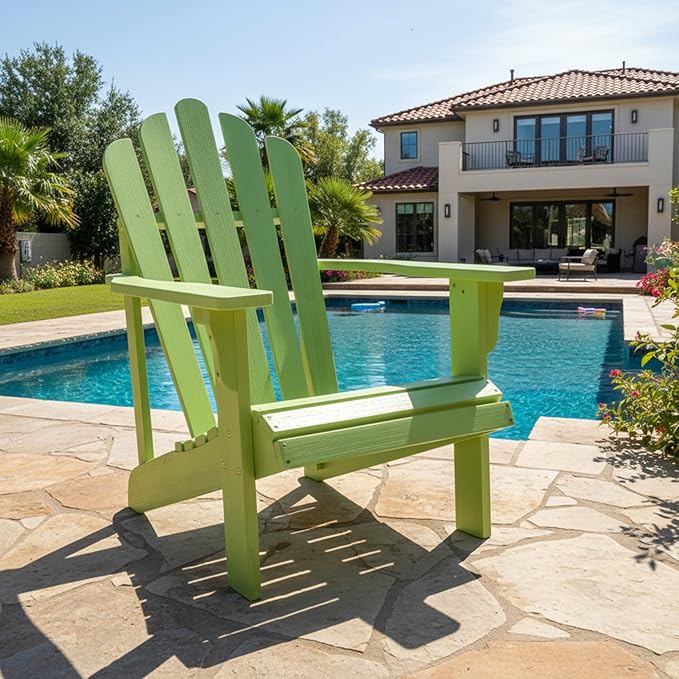 Shine Company Westport Wooden Adirondack Chair, Outdoor Patio Firepit Chairs, Back & Seat Pre-Assembled, Lime Green