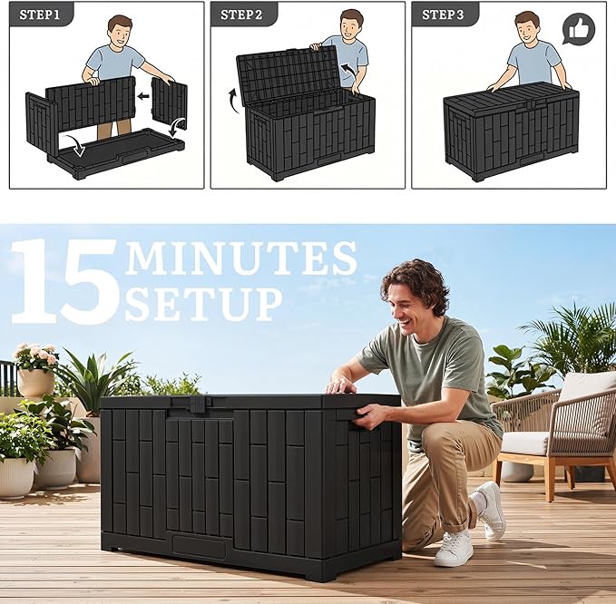 YITAHOME 60 Gallon Outdoor Storage Box, Large Water Resistant Resin Deck Box with Slide-Locking, Indoor Outdoor Bamboo-Textured Storage Container for Patio, Garden, Cushions, Tools, Equipment (Black)