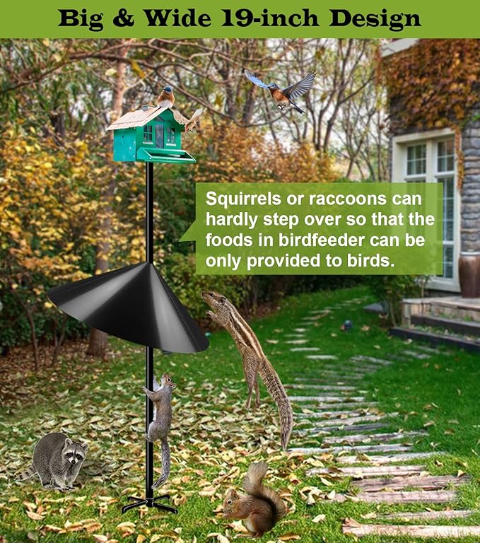 19 Inch Wide Squirrel Baffle for Bird Feeder Pole, Outside Pole Mount Stopper & Bird House Guard for Outdoor Shepherd’s Hook, Black, 1 Pack