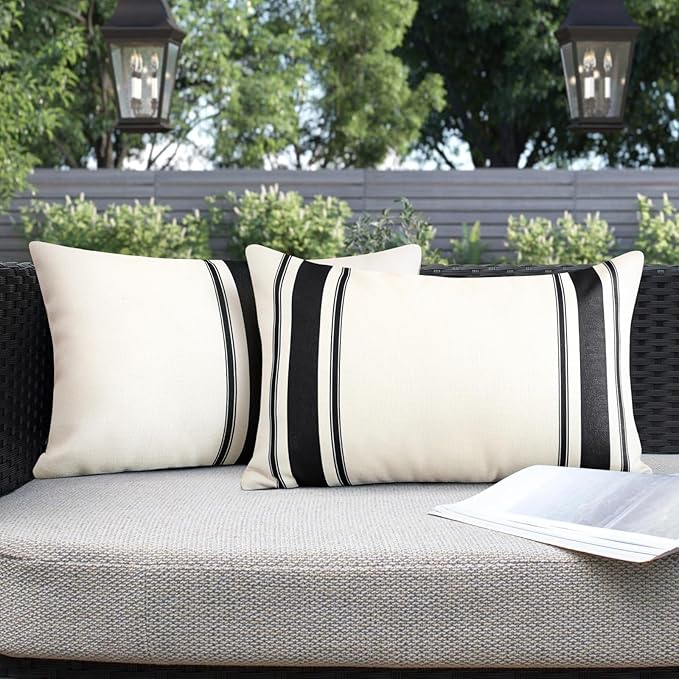 OTOSTAR Pack of 2 Outdoor Waterproof Decorative Pillow Covers 12x20 Inch Linen Geometry Pillowcases Cushion Case Garden Throw Pillow Covers Pillows Shell for Patio Furniture Couch Tent Balcony (Black)
