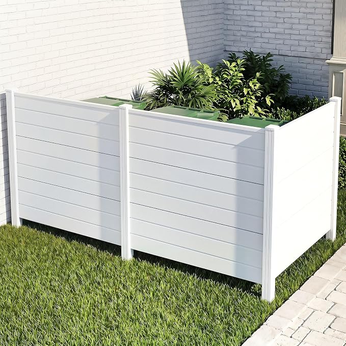 HAPPYGRILL Air Conditioner Fence, 3 Panels Outdoor Privacy Screen with Metal Stakes, No Dig Pool Equipment Enclosure, 48" x 38" Trash Can Screen Fence Kit for Outside Backyard, White
