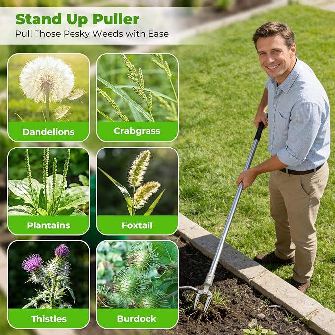Manual Weed Puller Tool, 47" One-Piece No Assembly Stainless Steel Garden Weeder with Long Handle, Stand Up Heavy Duty Weeding Tool for Lawn Patio Yard Dandelion Root Removal Without Kneeling