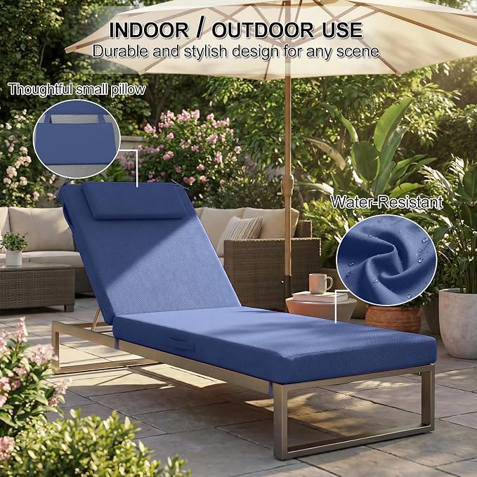 Outdoor Chaise Lounge Cushions, 72x21 Inch Olefin Water & Fade Resistant Pool Lounge Chair Cushions, Patio Sun Lounger Pad with Pillow & Straps for Patio, Pool, Deck, Lawn, Navy Blue